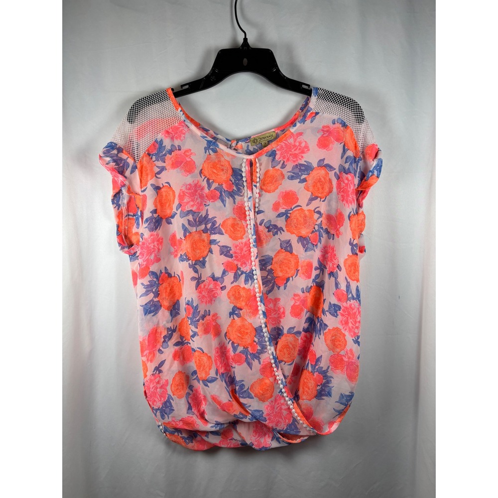 Democracy Womens Floral Mesh Shoulder Pom Pom‎ Trim Blouse Pink Orange Size M